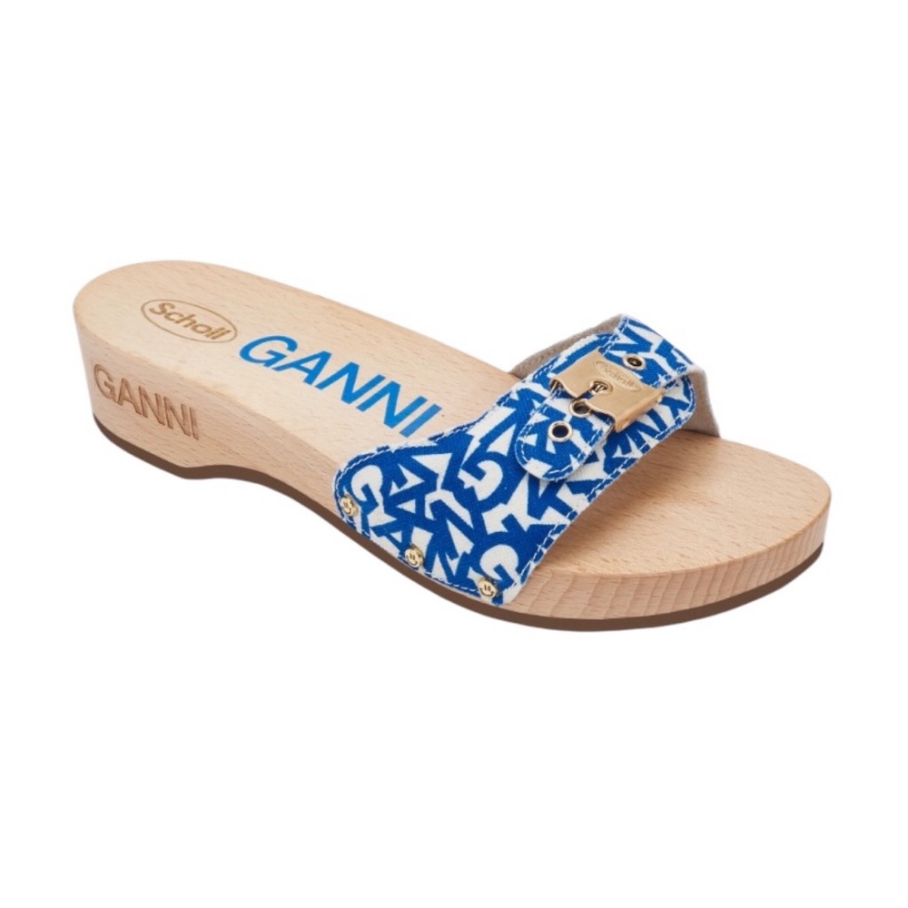 Ganni X Dr Scholl Wooden Pescura Heel Clog Blue Size 8